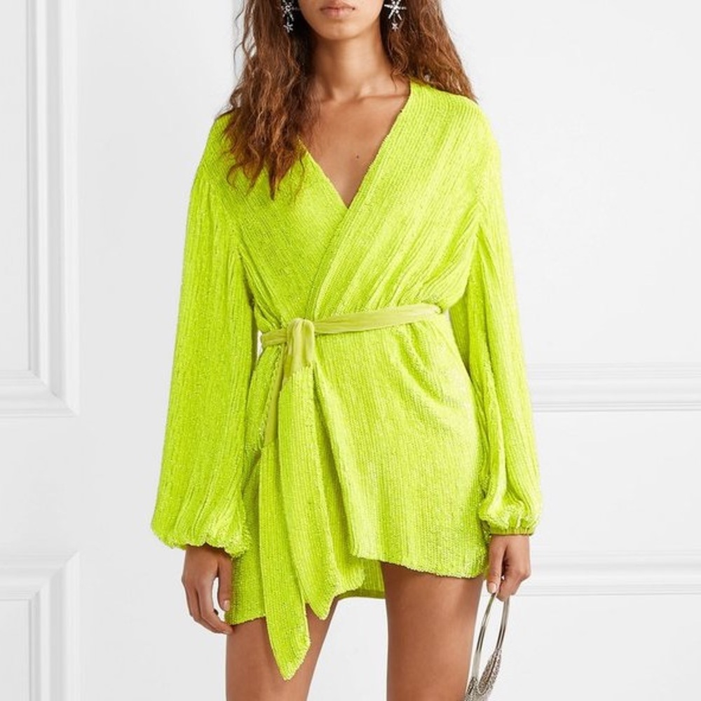 Retrofete Gabrielle Sequin Robe Wrap Dress Neon Green Yellow XS Net-A-Porter
